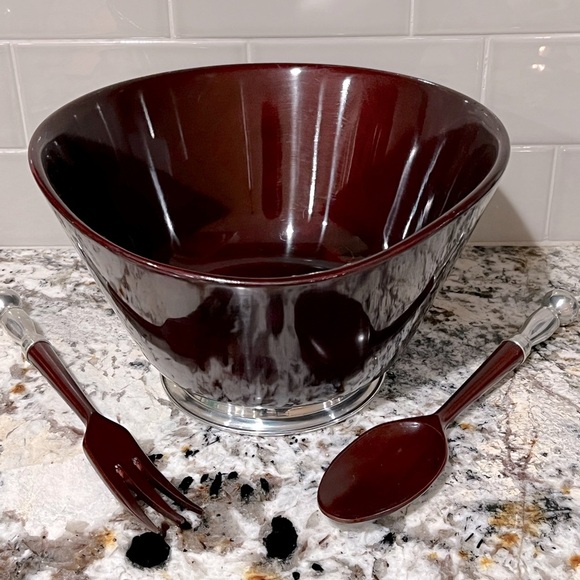 Other - Mid Century Modern Mahogany Bowl Set, Vintage Salad Serving Bowl Pewter Accents